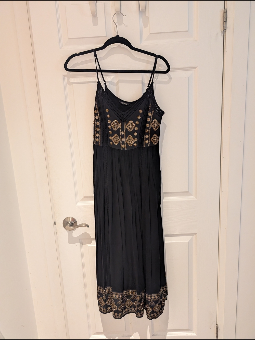Lucky Brand Black Maxi Dress with Gold Embroidered Accents
